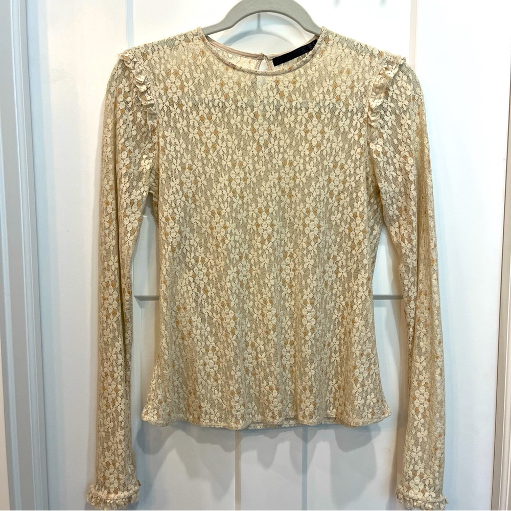 Zara Trafaluc Women’s Long Sleeve Sheer‎ Blouse Size Medium Button Back Ruffles